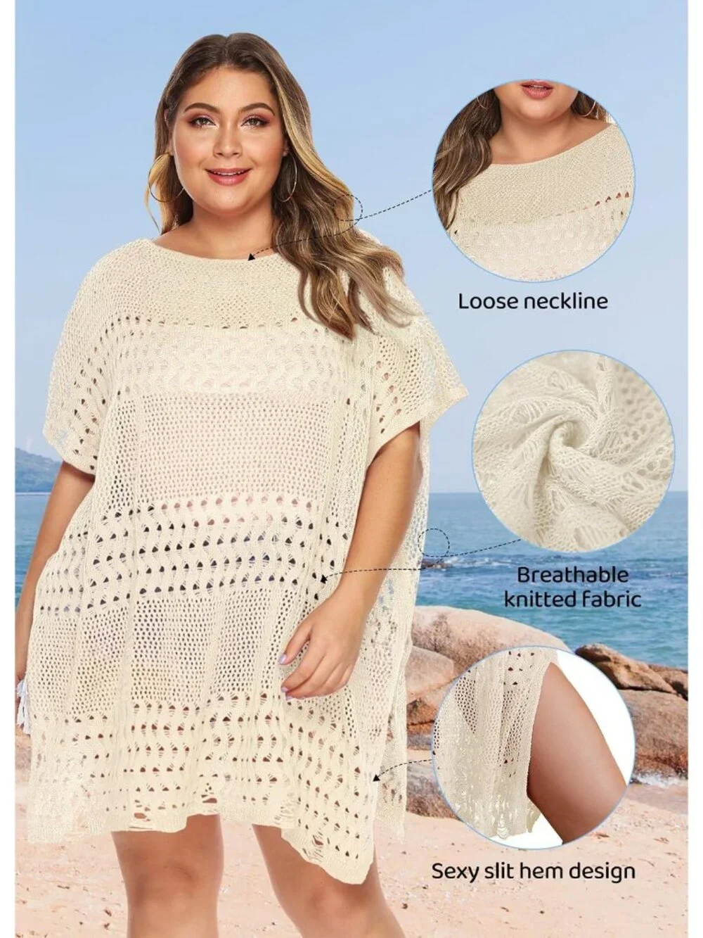 Women's D Hollow Beige One Size Polyester Crochet Summer Swimsuit Coverup Dress